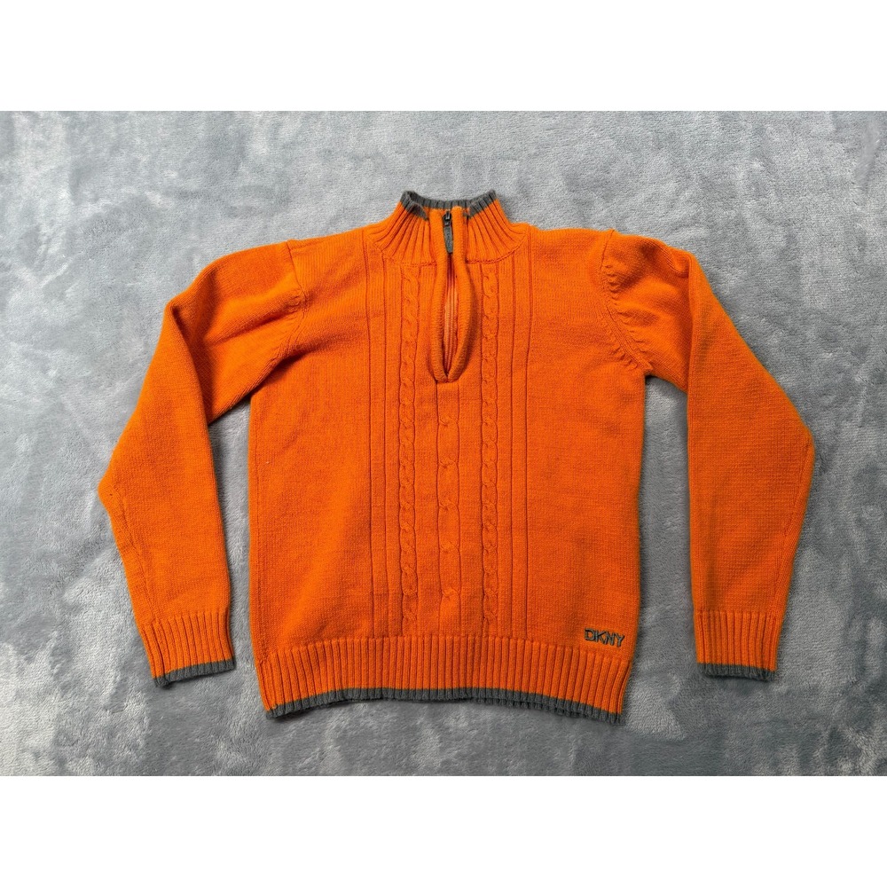 DKNY Sweater Kids 6 Orange Cotton Mock Neck Ribbed Cable Knit Winter Quarter Zip